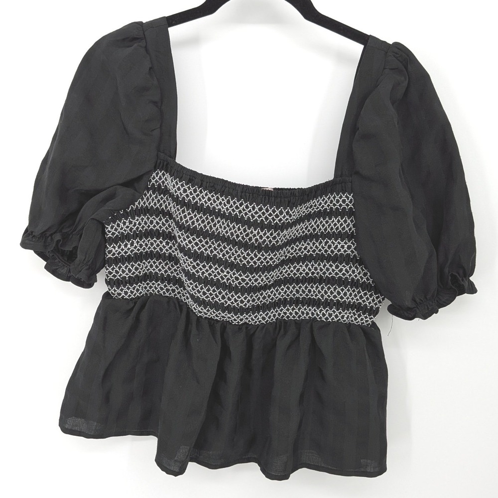 Dizzy Lizzy Peplum Top Women Medium Black Smocked Puff Sleeve Square Neck Cotton